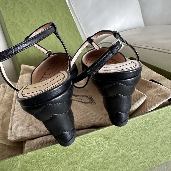 NEW Gucci WOMEN'S PETITE GG SLINGBACK PUMPS HEELS Sz 38.5 Black Strap - Picture 6 of 11